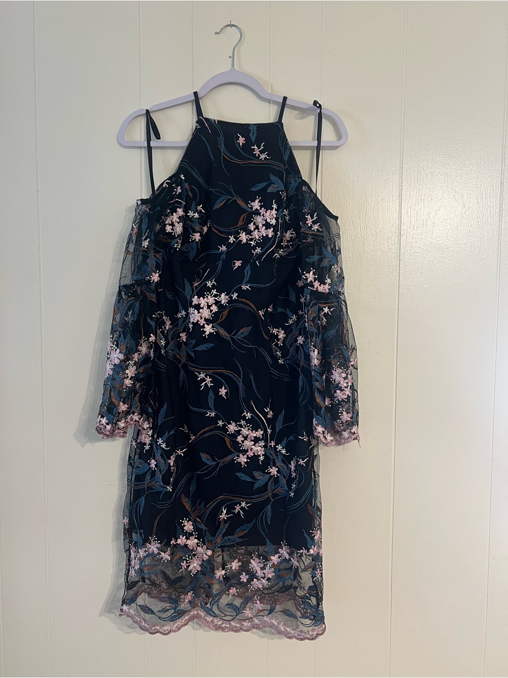 Nanette Lepore Navy Floral Embroidered Cold-Shoulder Dress with Pink Accents